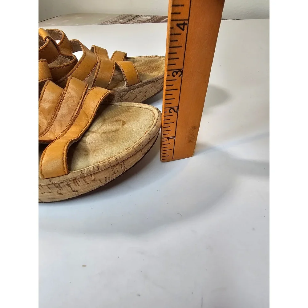 Born Mustard Yellow color Leather Cork Strappy Wedge Sandals Womens 8